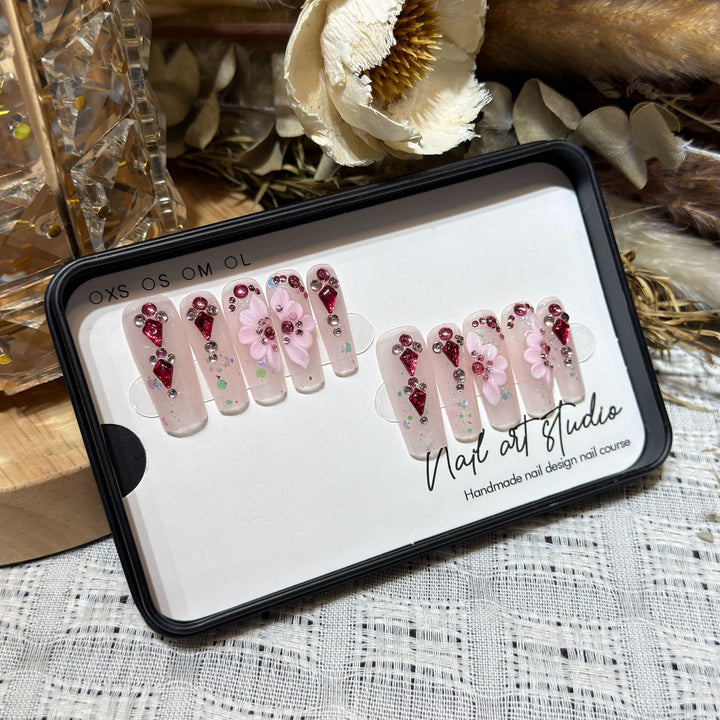 Floral-Themed Press-On Nail Set with Gemstone Accents Stornfield