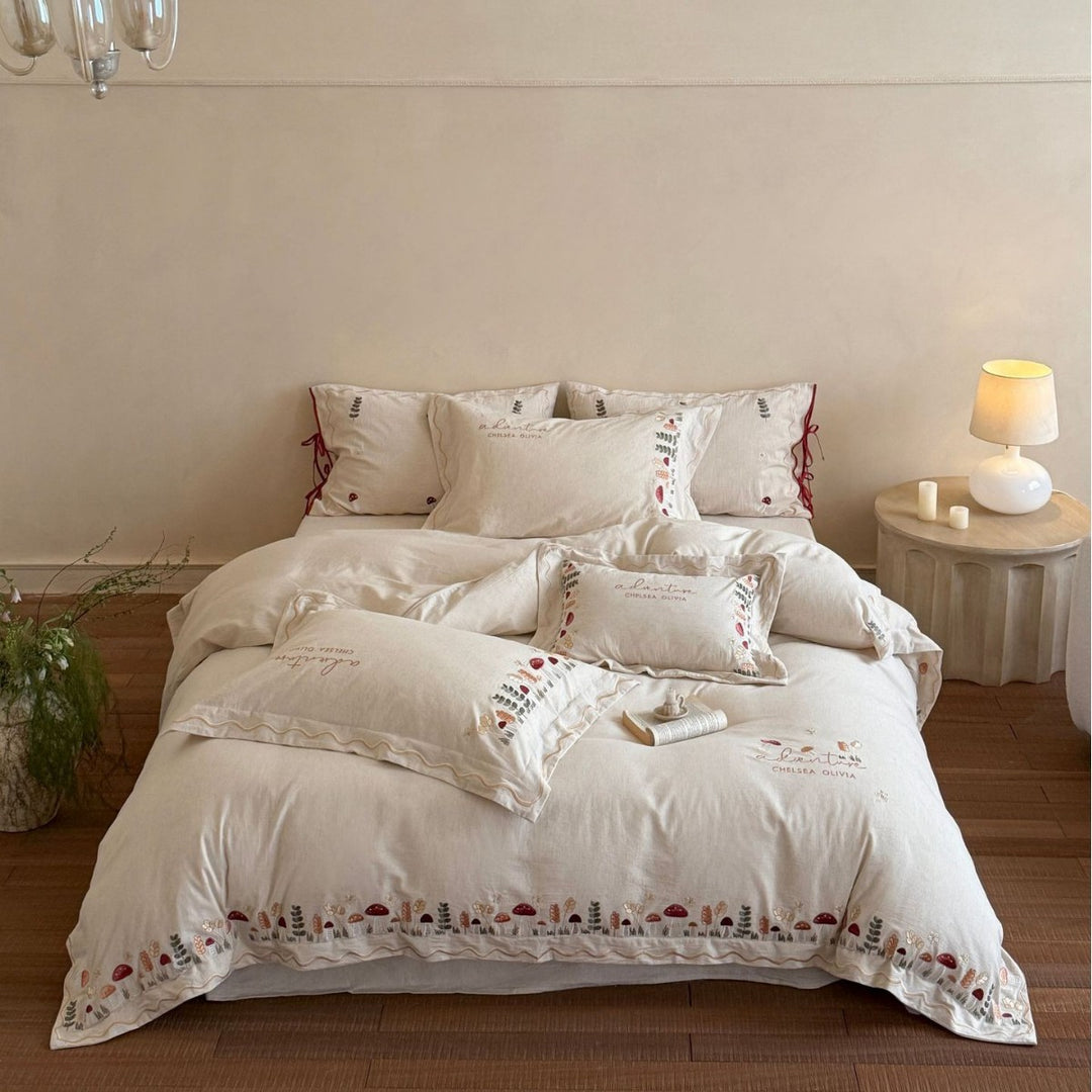 Embroidered Cotton Duvet Cover Bedding Set with Ruffled Edges