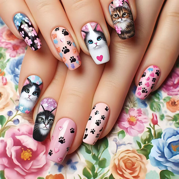 Creative artificial nails with playful cat pattern Stornfield