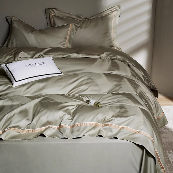 Cotton-Sateen Duvet Cover Set with Contrast Piped Border and Subtle Jacquard Motif