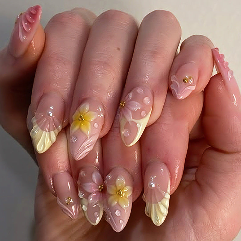 Artistic Floral Design Press-On Nails Set with Unique Embellishments Stornfield