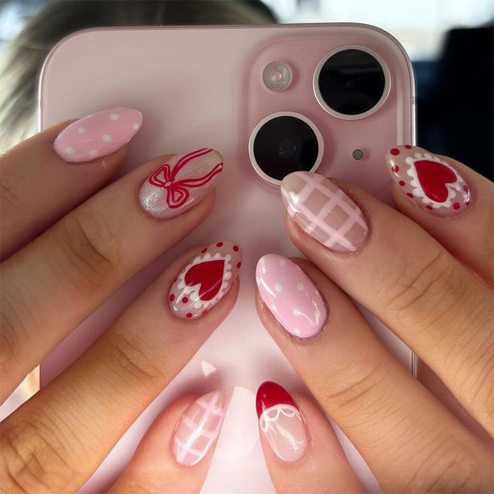 Creative Nail Art Set with Romantic Bow, Heart, and Dot Designs Stornfield