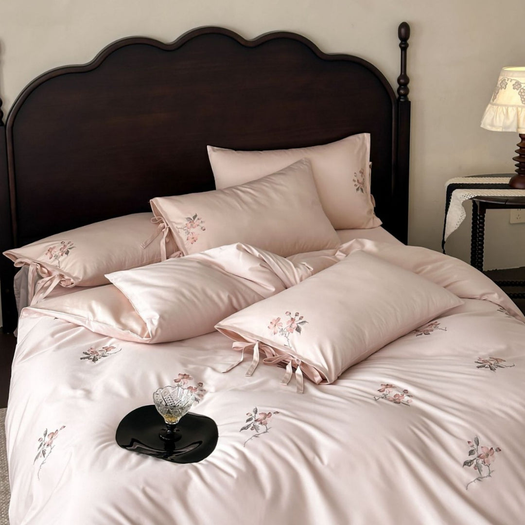 Satin-Feel Embroidered Blossom Duvet Cover Ensemble with Ribbon-Tie Shams