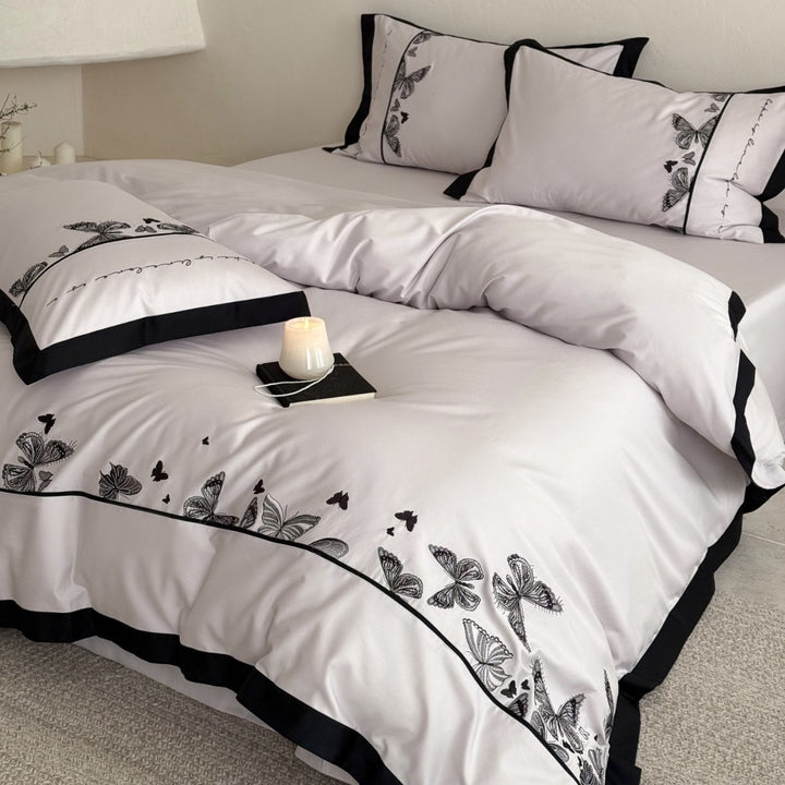 Botanical Butterfly Embroidered Cotton-Sateen Reversible Duvet Cover Set with Contrast Piped Border and Euro Shams
