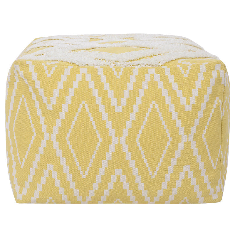Padded footstool pouf with plush top and woven diamond pattern