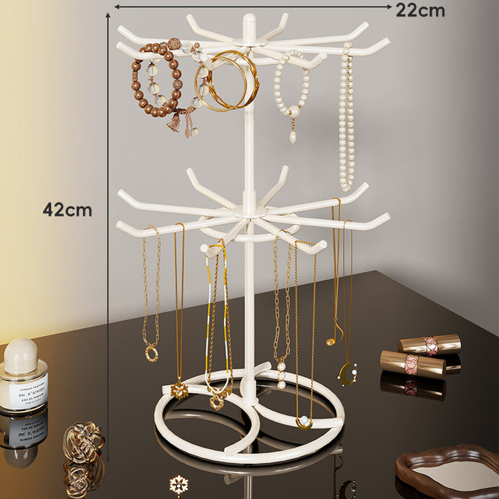 Tiered Rotating Jewelry Organizer Tree Stand with Multi-Arm Hooks and Ring Dish
