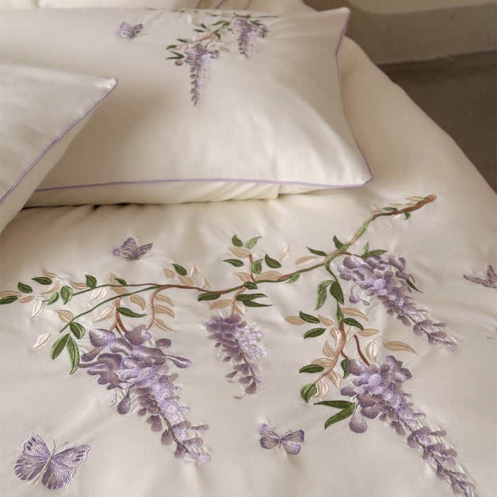 Embroidered Wisteria Cotton Sateen Duvet Cover Set with Piped Pillow Shams