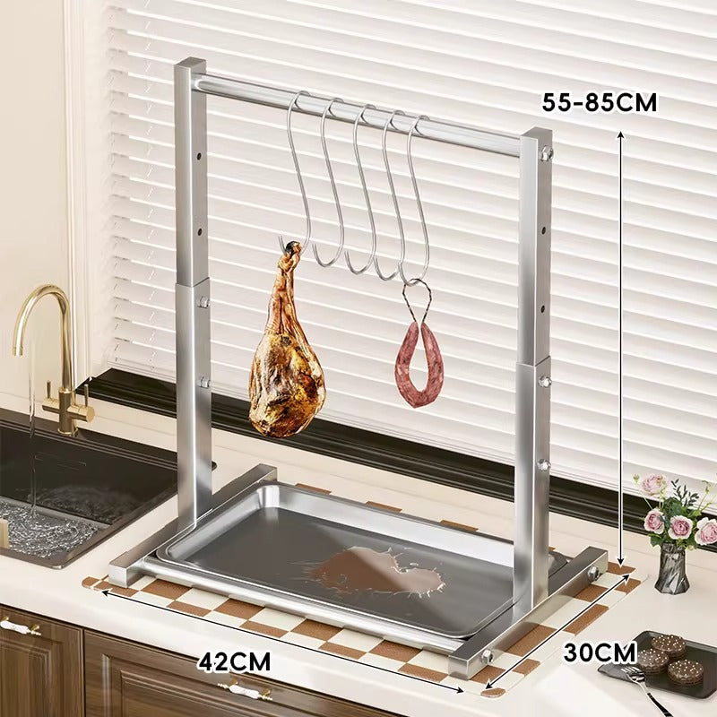 Adjustable Stainless Steel Indoor Meat and Sausage Drying Rack with Removable Drip Tray and Hanging Hooks