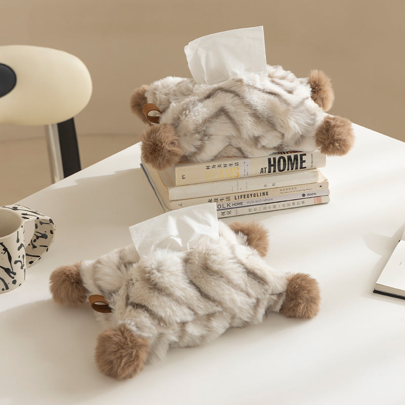 Decorative faux fur tissue box cover with pom poms and hanging handle Stornfield