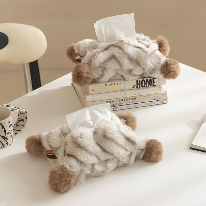Decorative faux fur tissue box cover with pom poms and hanging handle Stornfield