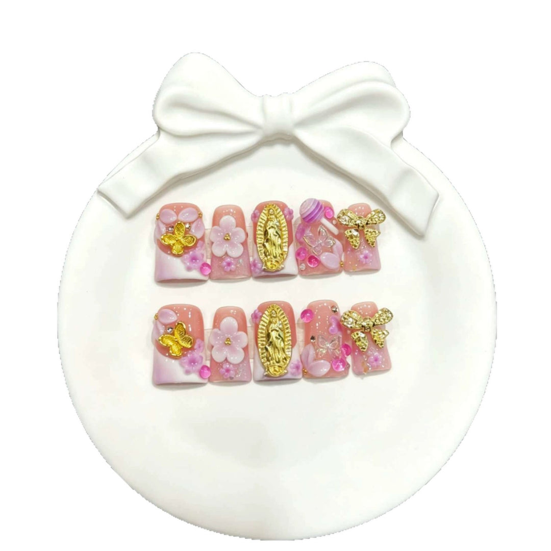 Decorative Press-On Nail Art Set with Floral and Butterfly Accents