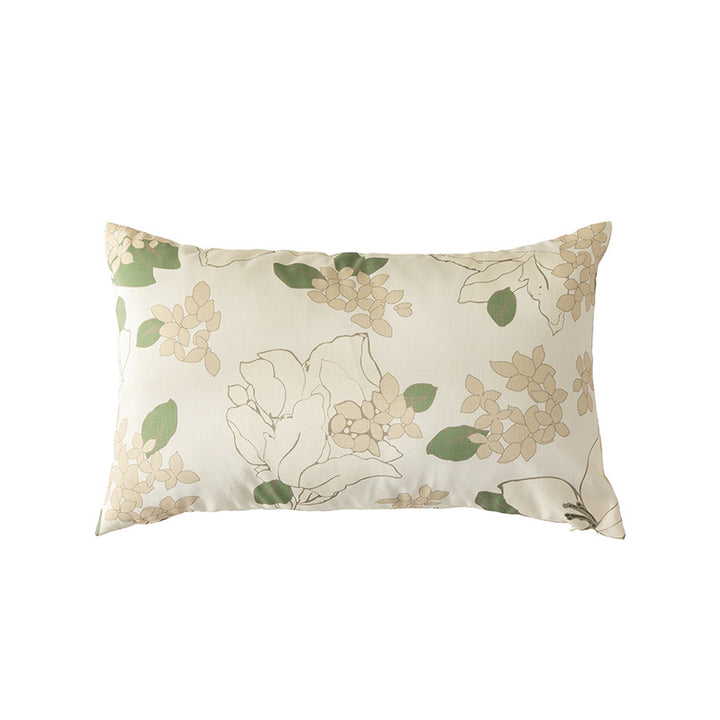 Rectangular decorative cushion with sketchy floral print and fine linen look