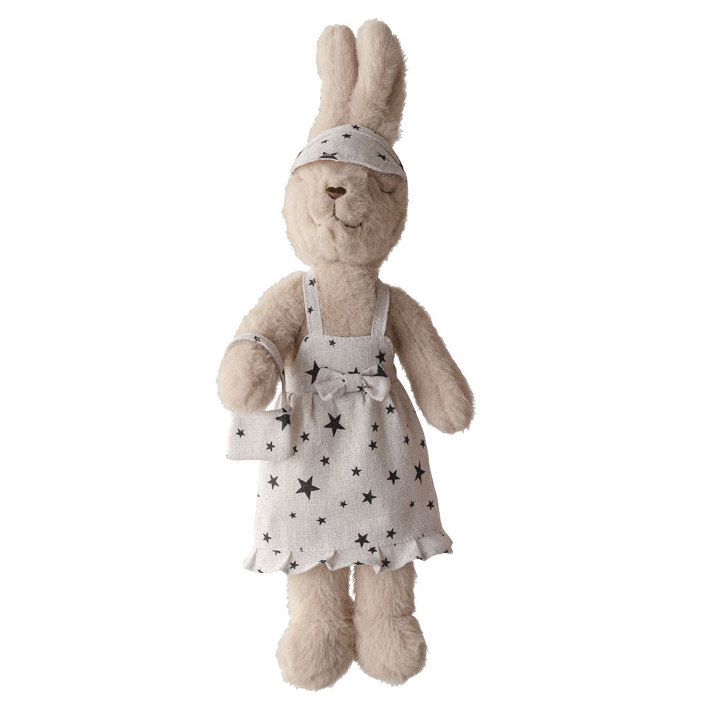 Handcrafted Plush Rabbit Toy with Star-Print Linen Overalls and Visor