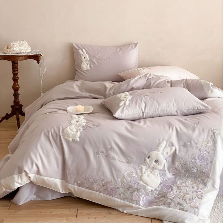 Romantic cotton satin bed linen with 3D plush rabbit appliqué and floral embroidery