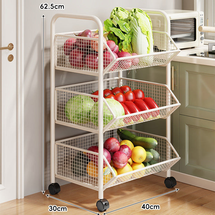 Three-Tier Rolling Mesh Produce and Pantry Storage Cart with Swivel Casters