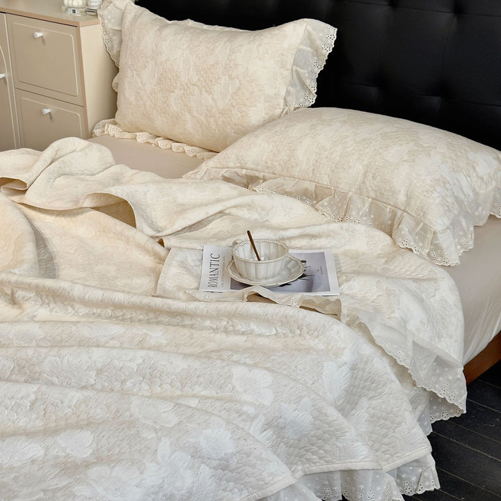 Quilted Cotton-Blend Coverlet Set with Eyelet Lace Ruffled Pillow Shams