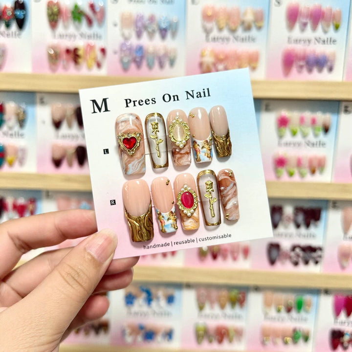 Handmade Decorative Press-On Nail Art Set with Ornate Gem Accents