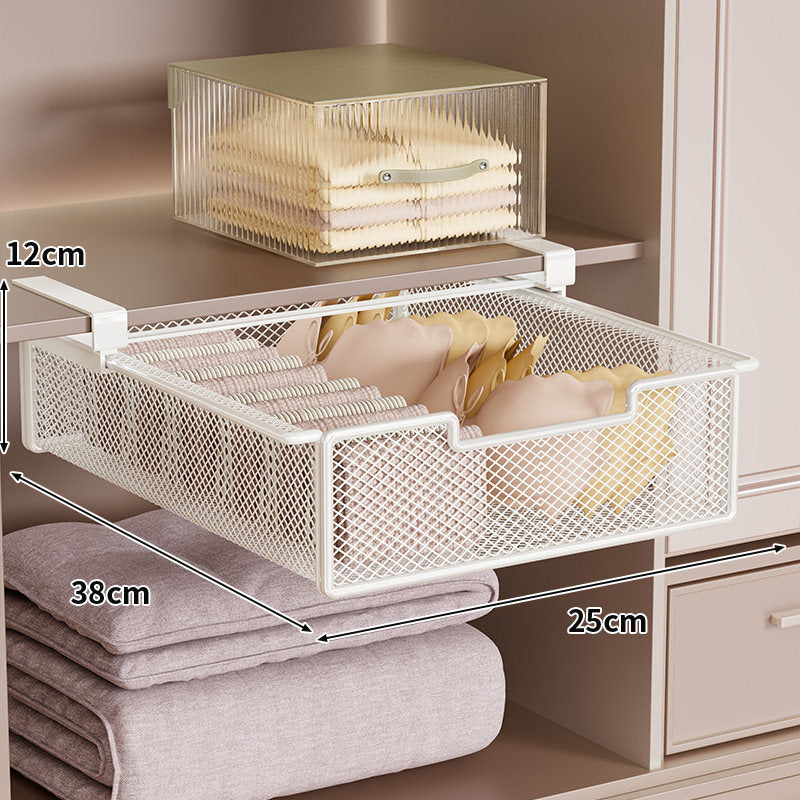 Pull-Out Under-Shelf Ventilated Metal Mesh Storage Drawer for Wardrobe and Closet Organization