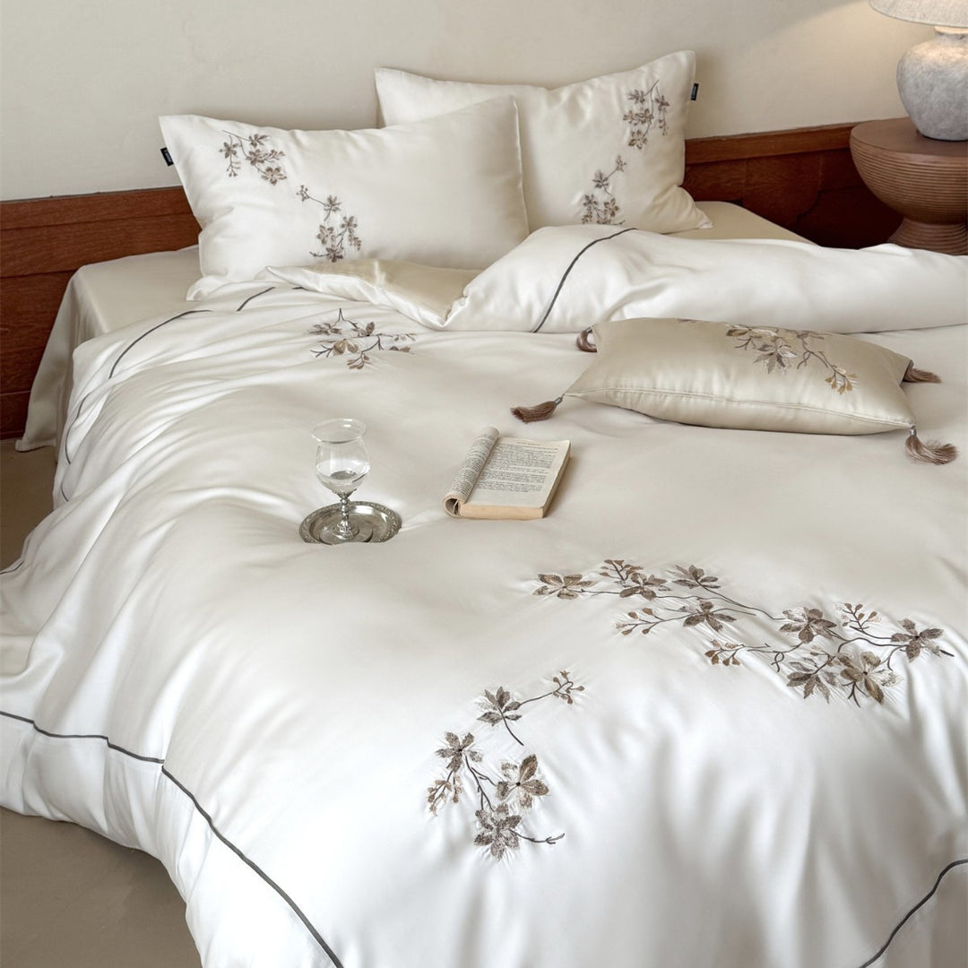 Silky Sateen Embroidered Botanical Duvet Cover Set with Piped Edge & Tassel Accent Pillow