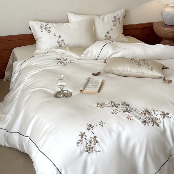 Silky Sateen Embroidered Botanical Duvet Cover Set with Piped Edge & Tassel Accent Pillow