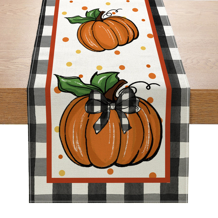 Autumn Cotton-Linen Decorative Table Runner with Pumpkin & Gingham Border