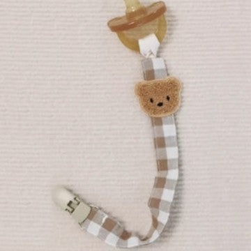 Gingham Cotton Pacifier and Teether Clip with Embroidered Bear Applique