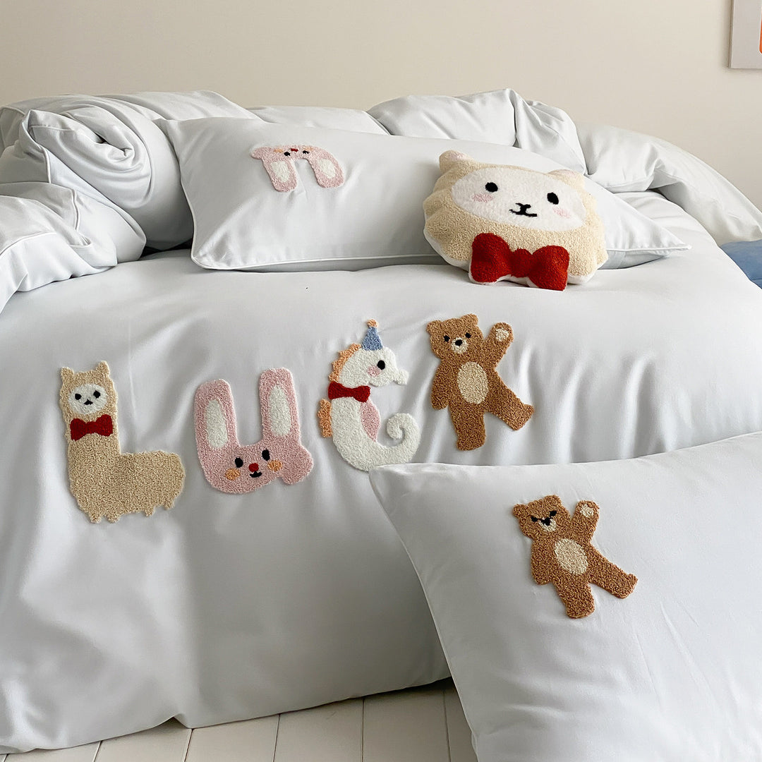 Children's Playful Appliqué Cotton Duvet Cover Set with Pillow Shams & Plush Accent