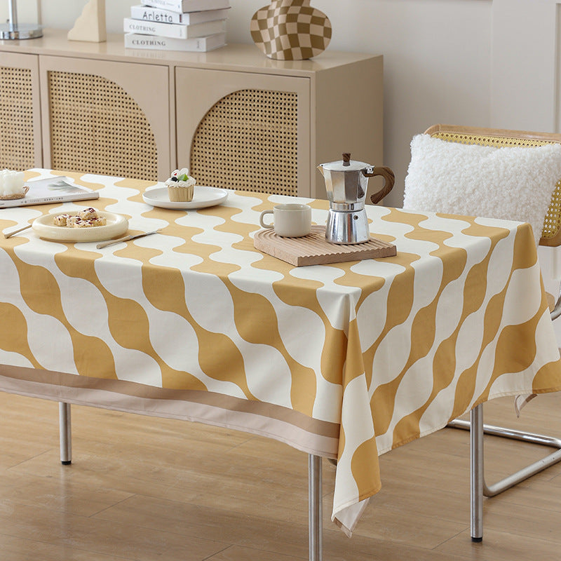 Wipeable Rectangular Table Runner with Geometric Wave Pattern and Contrast Edge