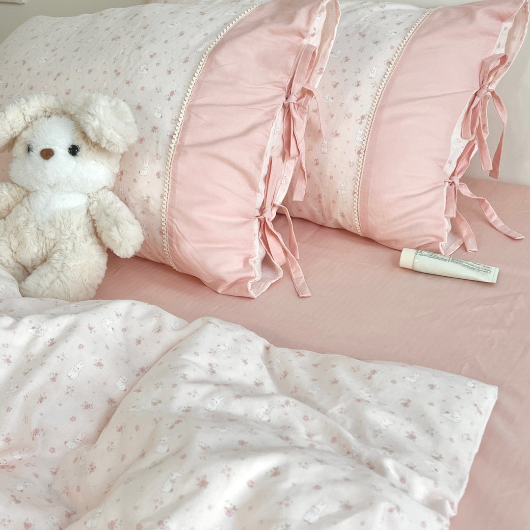 Cotton Baby Crib Bumper and Duvet Cover Set with Cat Print Tie-Closure