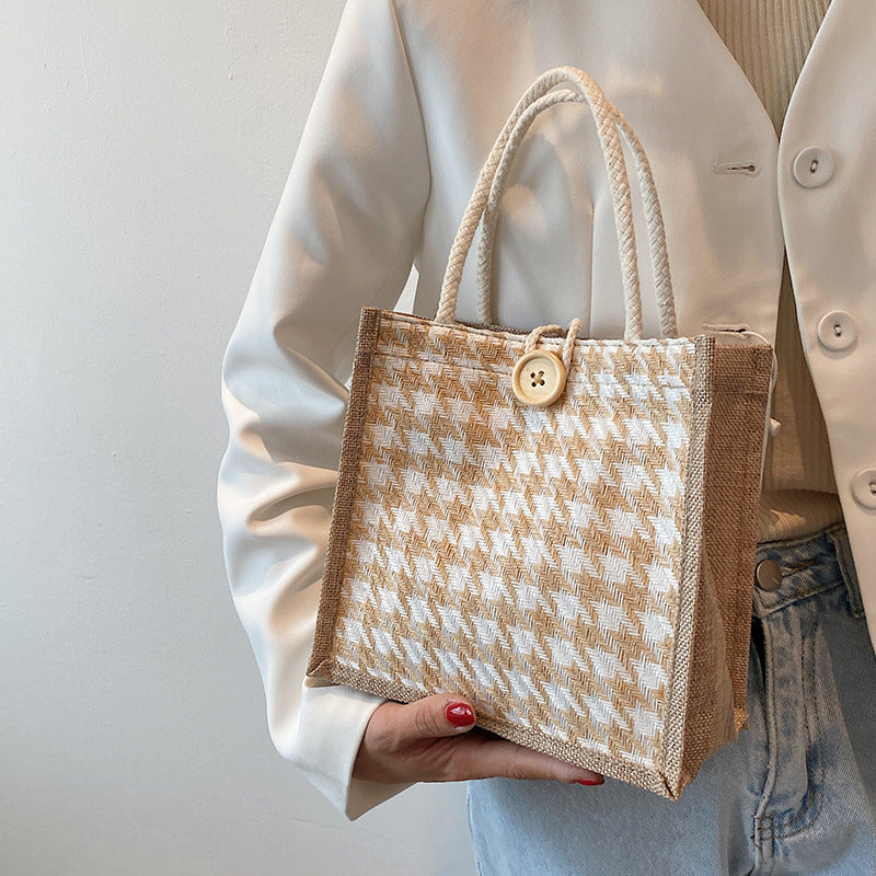 Houndstooth Patterned Canvas Tote Bag