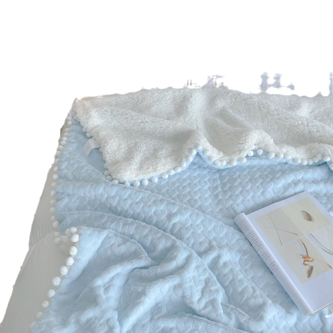Plush Reversible Sherpa Throw Blanket with Pom-Pom Edge