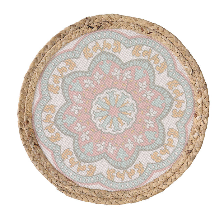 Beef seat pouf with mandala print, woven surface and braided jute edge
