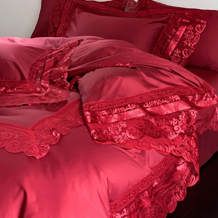 Luxury ruffled bedding set made of cotton satin with fine jacquard texture and concealed closure