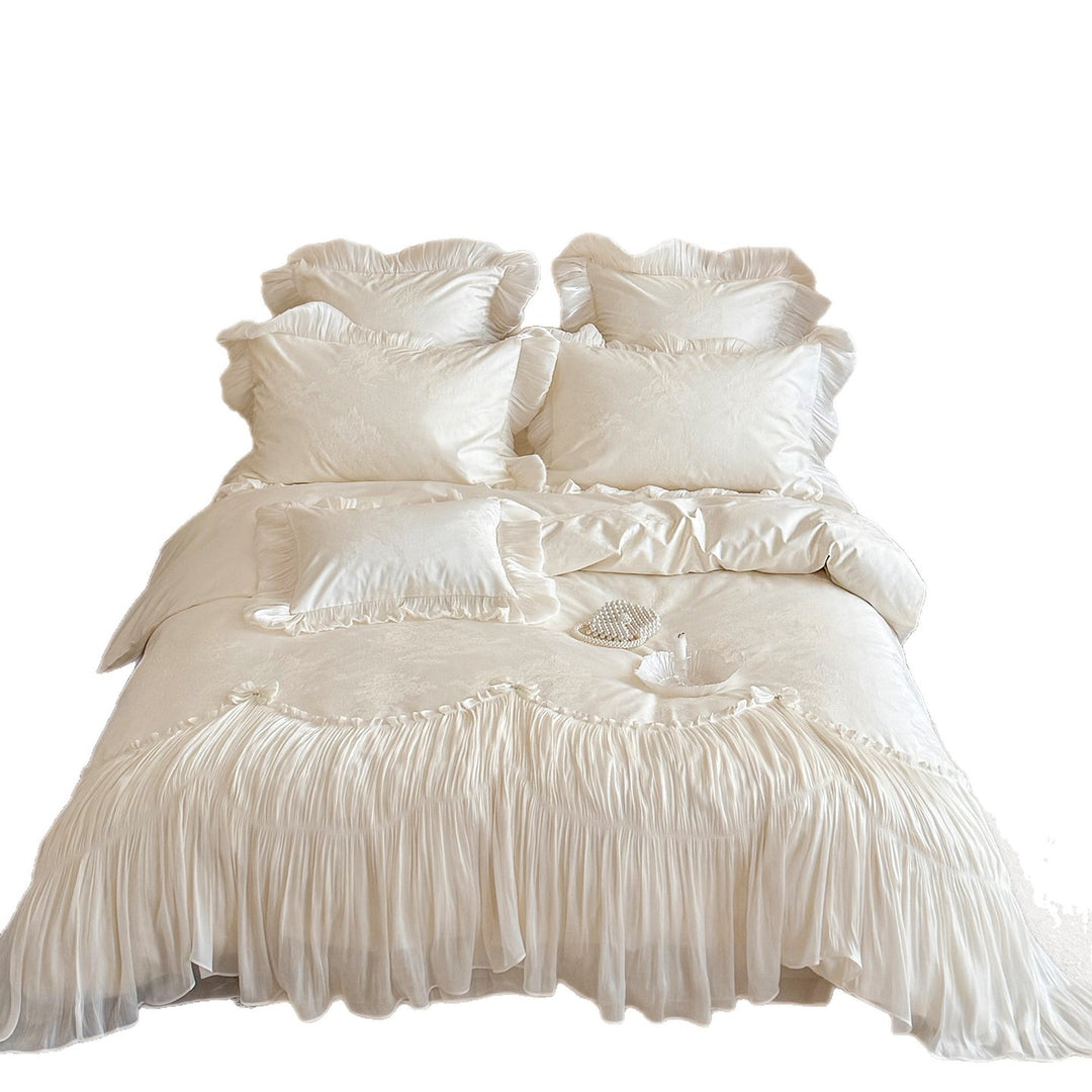 Luxe Pleated Voile & Jacquard Ruffled Duvet Ensemble with Frilled Euro Shams
