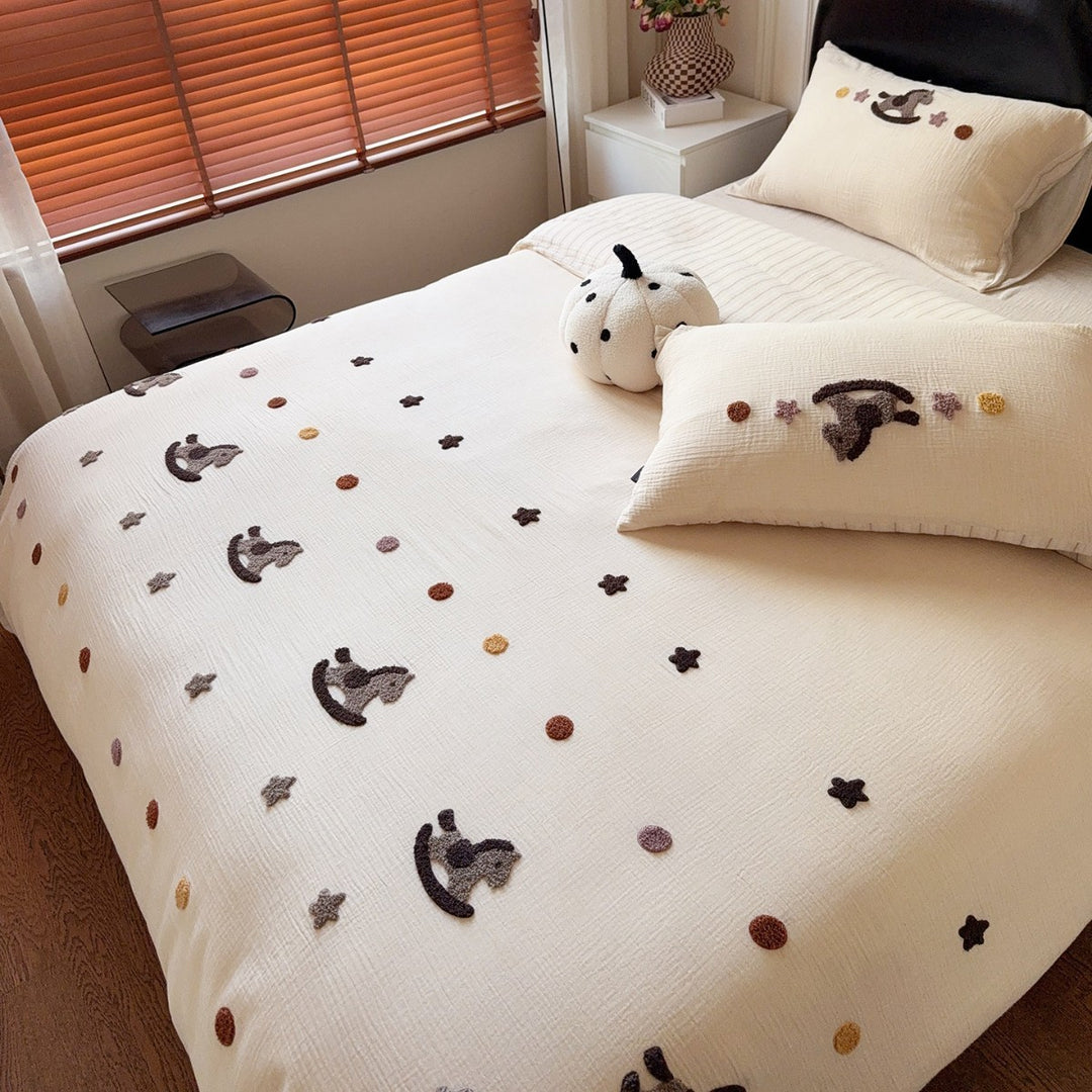 Embroidered Cotton Duvet Cover Set with Tufted Rocking Horse and Star Appliqués
