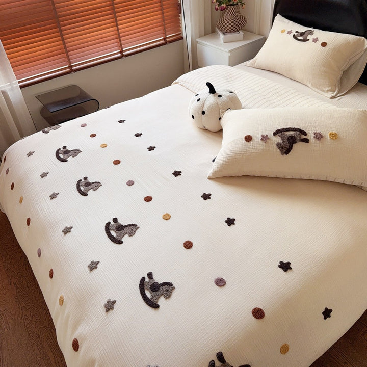 Embroidered Cotton Duvet Cover Set with Tufted Rocking Horse and Star Appliqués