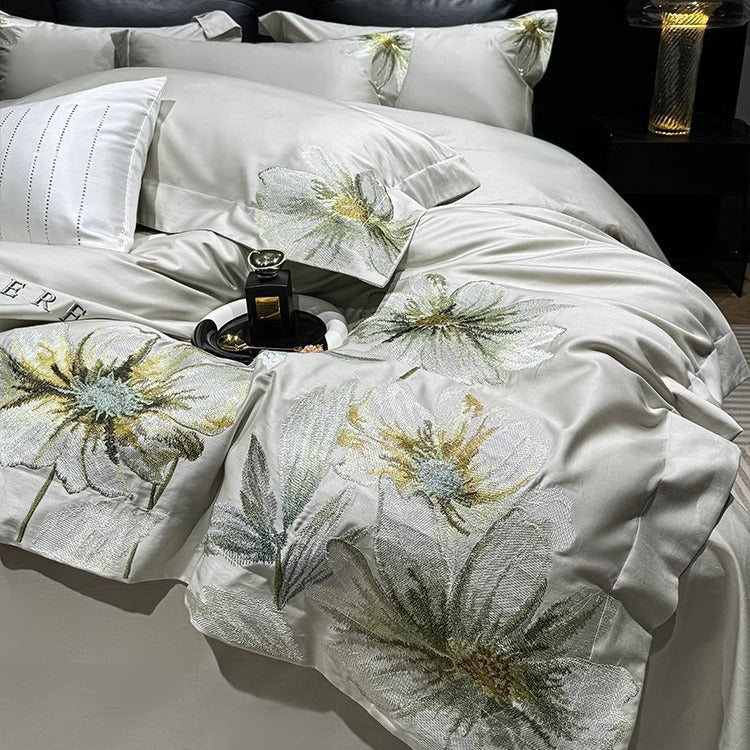 Luxury Embroidered Botanical Cotton-Sateen Duvet Cover Set with Decorative Pillow Shams