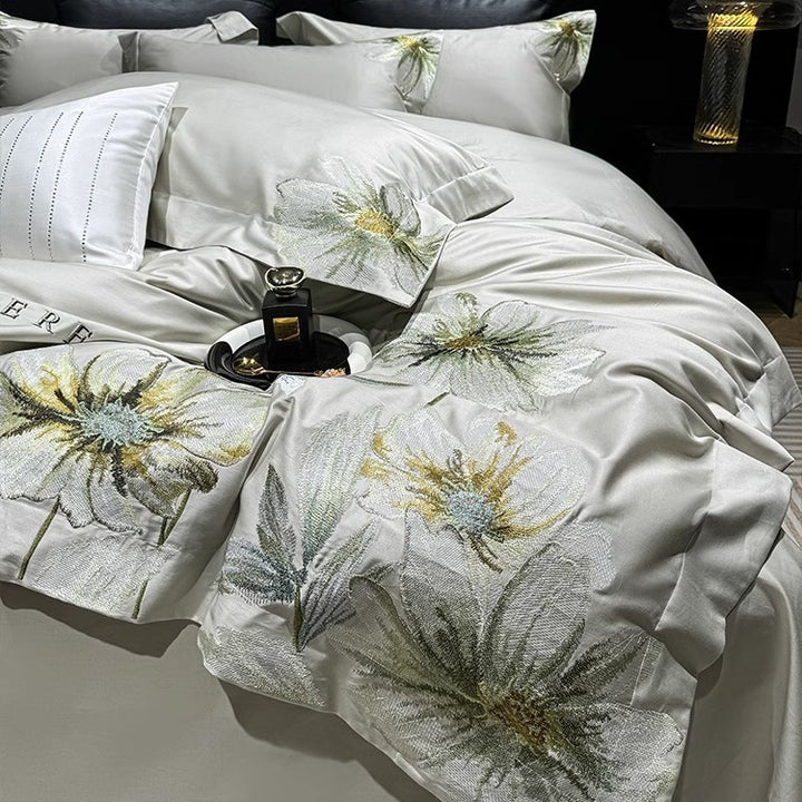 Luxury Embroidered Botanical Cotton-Sateen Duvet Cover Set with Decorative Pillow Shams