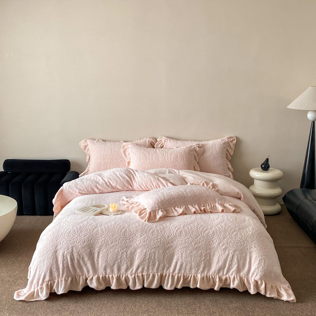 Embossed Jacquard Ruffled Edge Duvet Cover & Sham Set