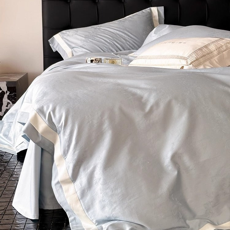 Satin Jacquard Duvet Cover Set with Contrast Border and Floral Motif