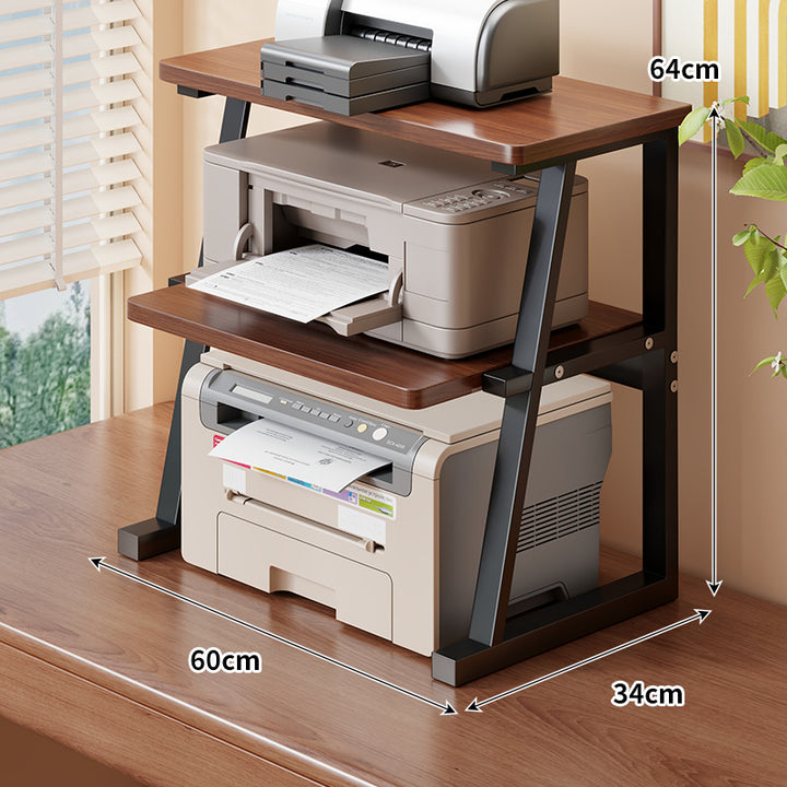 Adjustable Two-Tier Wood-Top Metal-Frame Desktop Printer Stand with Cable Management