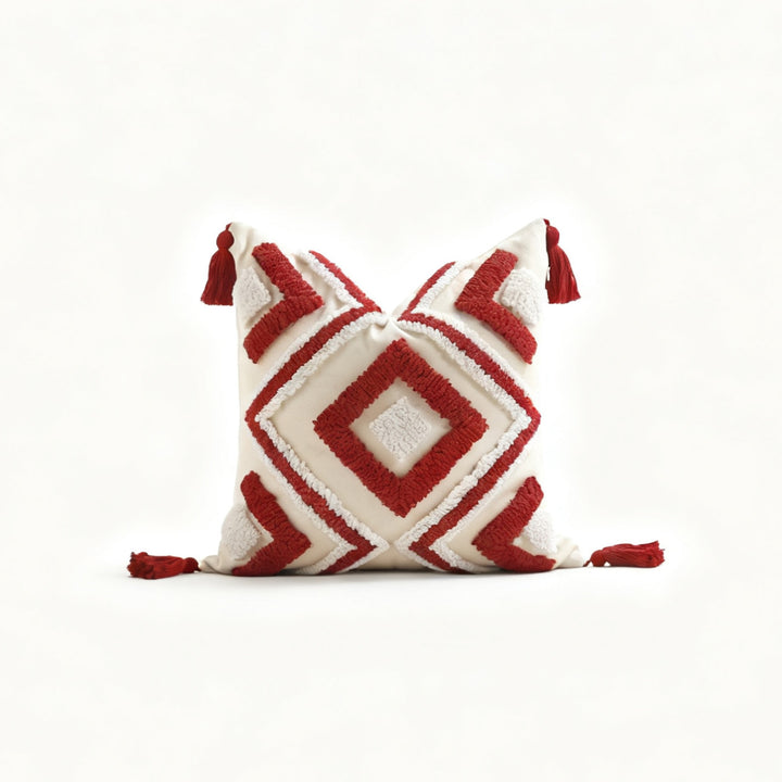 Tufted Geometric Boho Square Throw Pillow Cover with Corner Tassels and Hidden Zipper