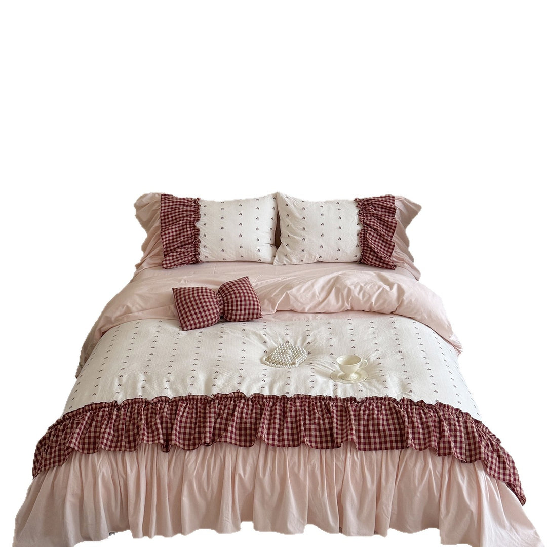 Ruffled Gingham-Trim Cotton Duvet Cover Set with Bed Skirt and Decorative Pillow Shams