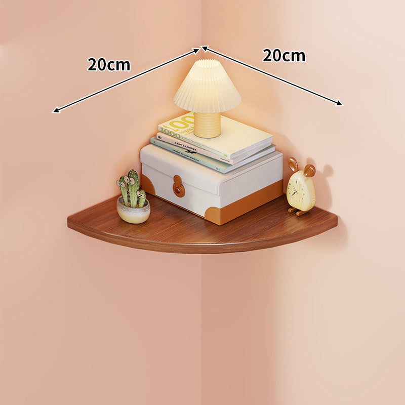 Corner Wall-Mounted Floating Shelf with Rounded Triangular Solid Wood Top and Metal Support Brackets