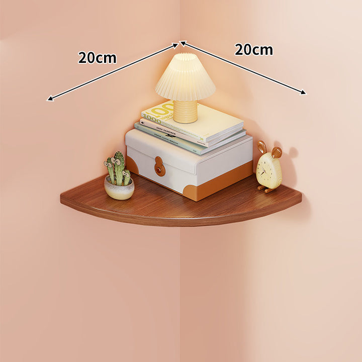 Corner Wall-Mounted Floating Shelf with Rounded Triangular Solid Wood Top and Metal Support Brackets