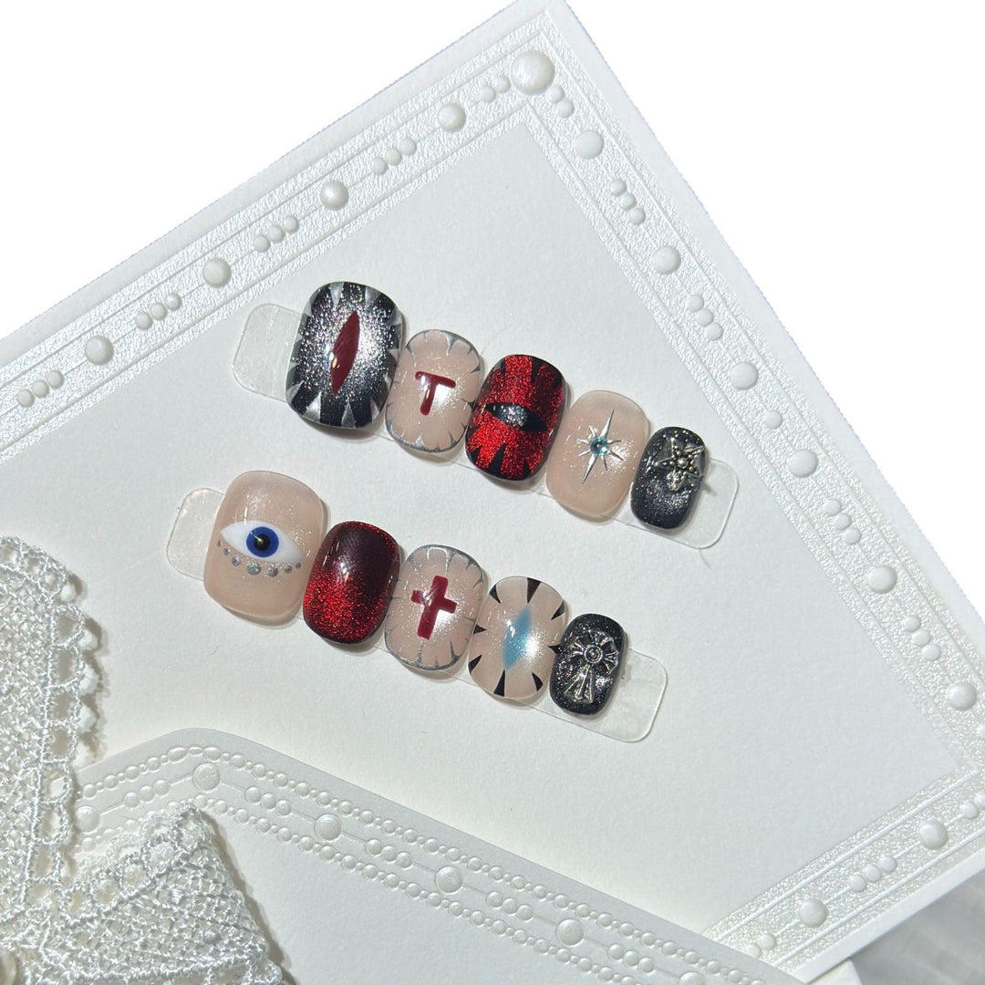 Artistic Press-On Nail Design Set with Unique Symbolic Accents Stornfield