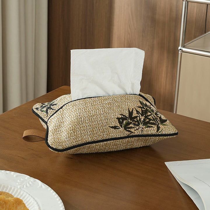 Woven tissue box cover in straw look with embroidered flower motif Stornfield