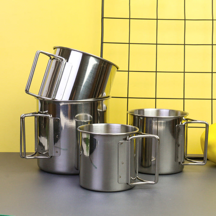stainless steel nesting camping mug set with fold-flat handles and rolled rims Stornfield