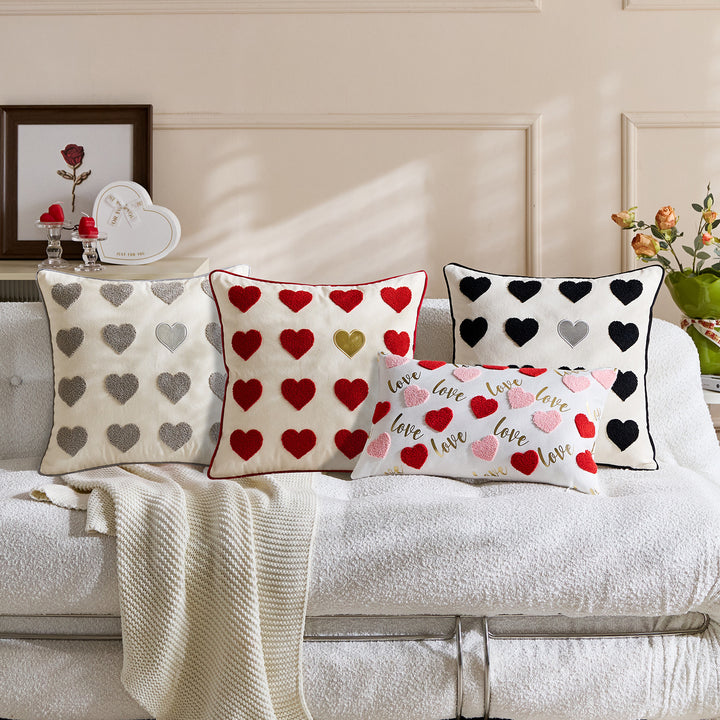 Embroidered Script Love Lumbar Pillow Cover with Tufted Heart