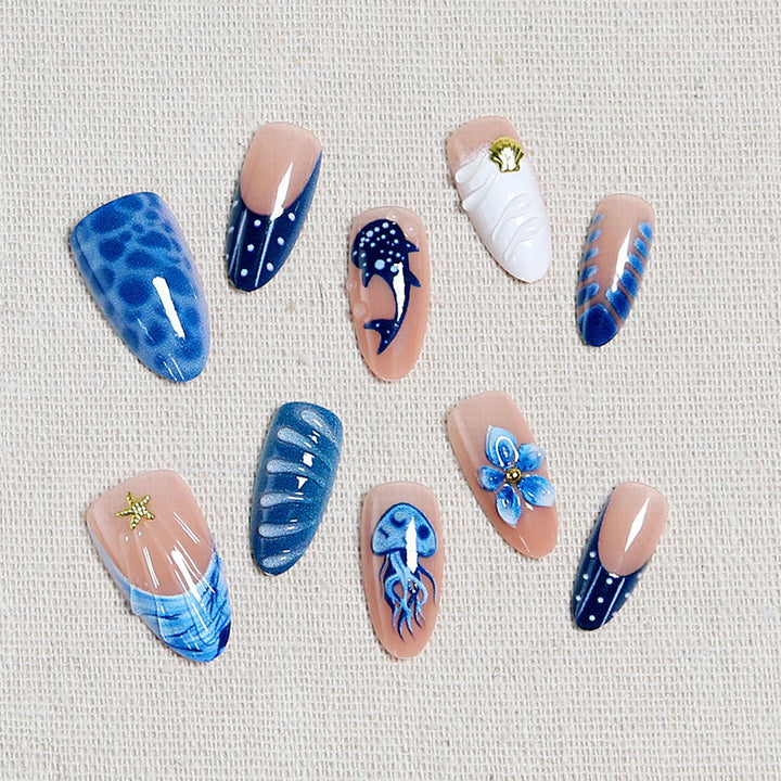 Artificial nails with maritime design and 3D flower accents Stornfield